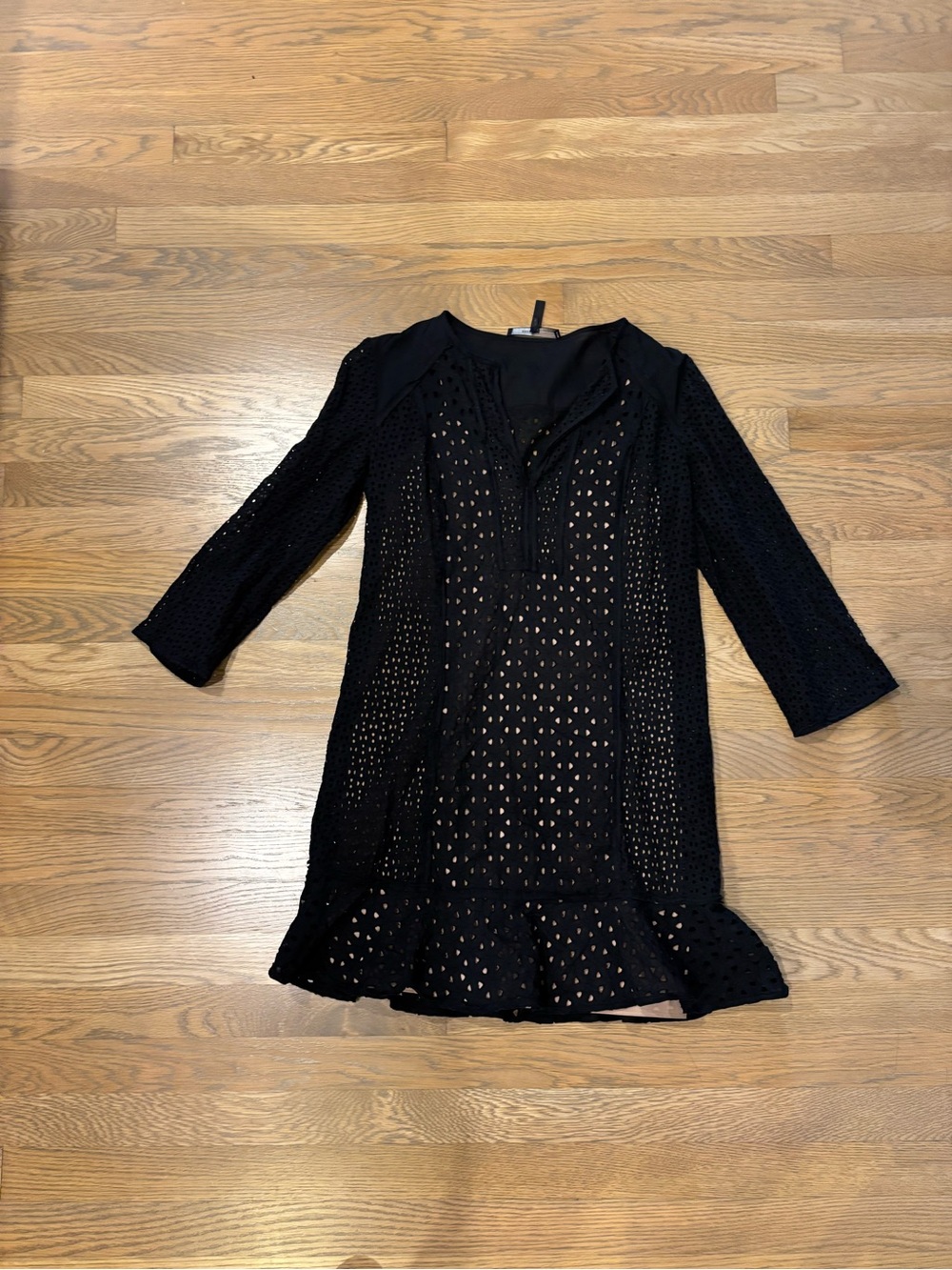 BCBGMaxAzria Black Eyelet Shift Dress with Ruffle Hem